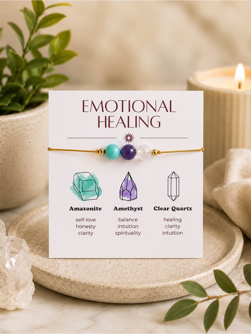 Emotional Healing Gemstone Bracelet Amazonite Amethyst Quartz - OS - Gold Cord
